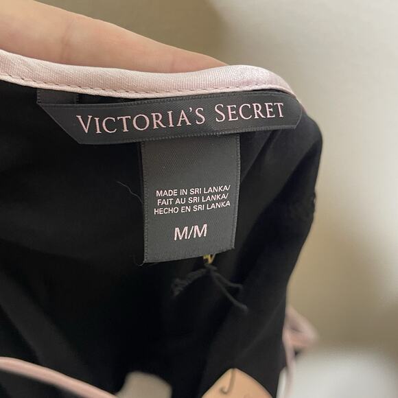 VICTORIA'S SECRET Black Shiny Satin Pink Trim Racer Back Tank Slip‎ Top Sz M NEW - Picture 5 of 9